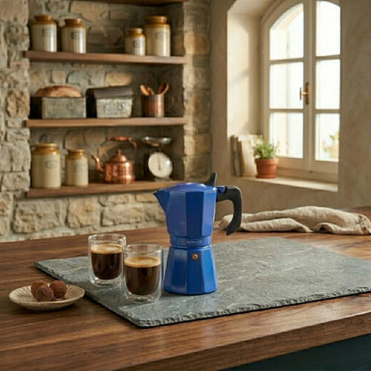 Set Cafetera Petra Azul 9 Tazas expreso + Set vasos Génova 250cc.-Cafeteras Italianas Moka