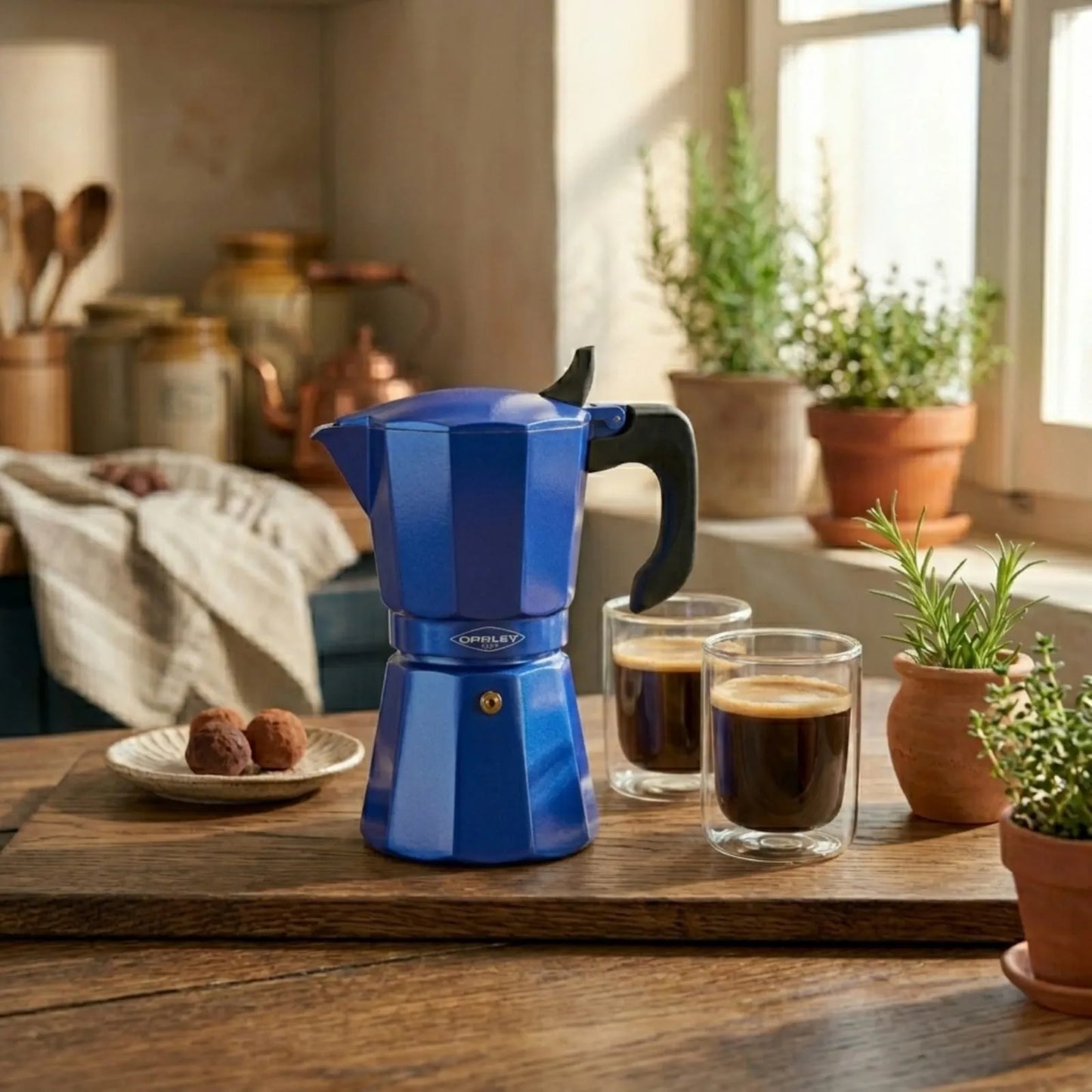 Set Cafetera Petra Azul 9 Tazas expreso + Set vasos Génova 250cc.-Cafeteras Italianas Moka