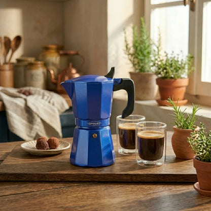 Set Cafetera Petra Azul 9 Tazas expreso + Set vasos Génova 250cc.-Cafeteras Italianas Moka
