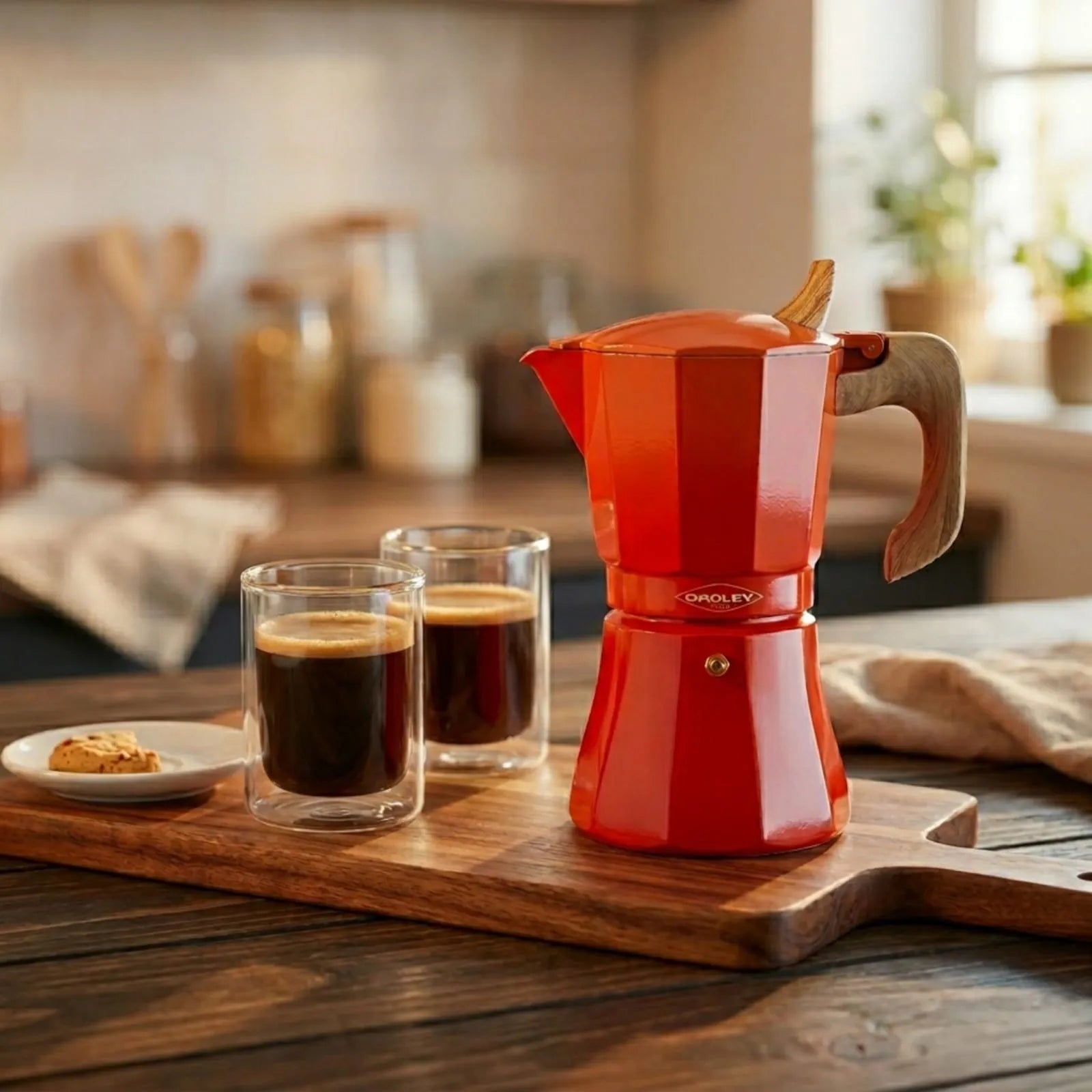 Set Cafetera Petra Naranja 9Tazas expresso + Set de vasos Génova 250ccm.-Cafeteras Italianas Moka