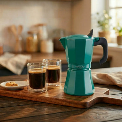 Set Cafetera Petra Verde 9Tazas Expreso + Set vasos Génova 250cc.-Cafeteras Italianas Moka