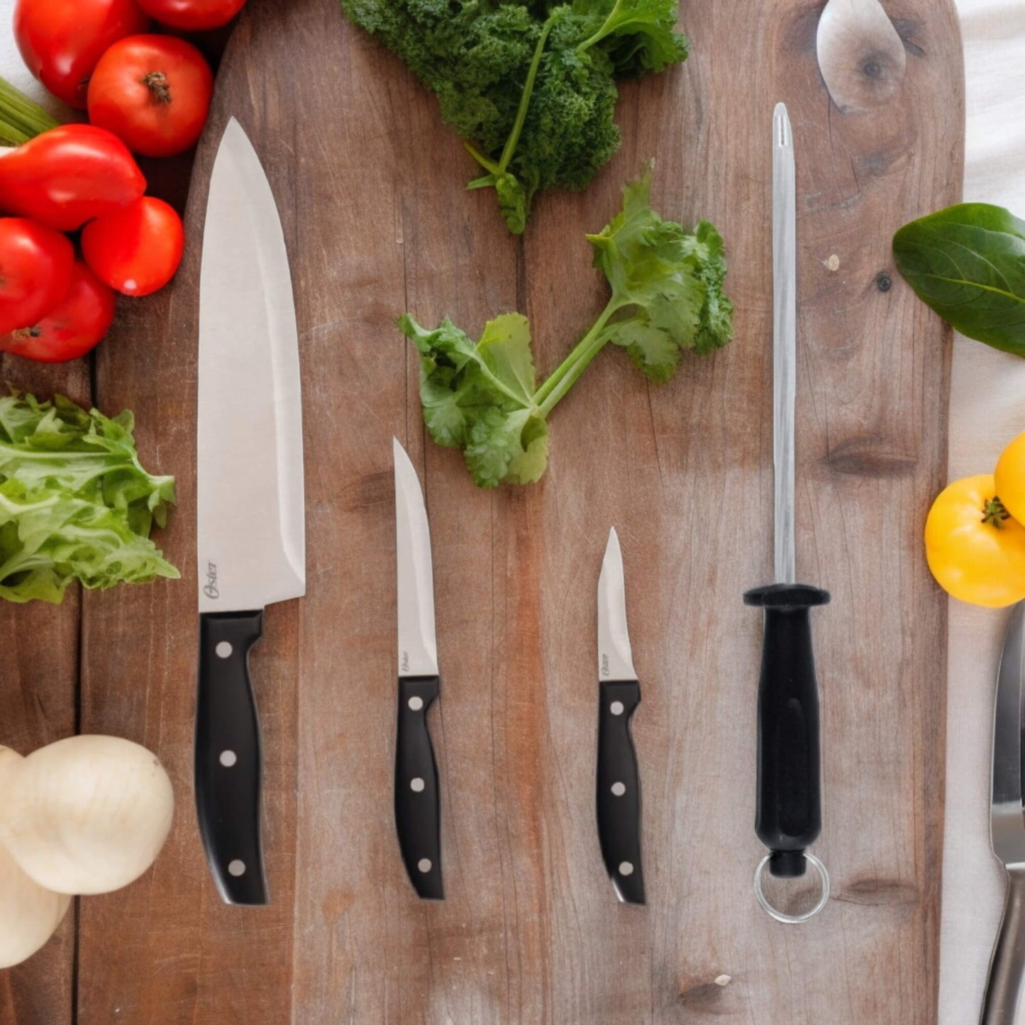 Set Cuchillos Acero Inoxidable y Afilador Granger 4pcs Oster1#Negro