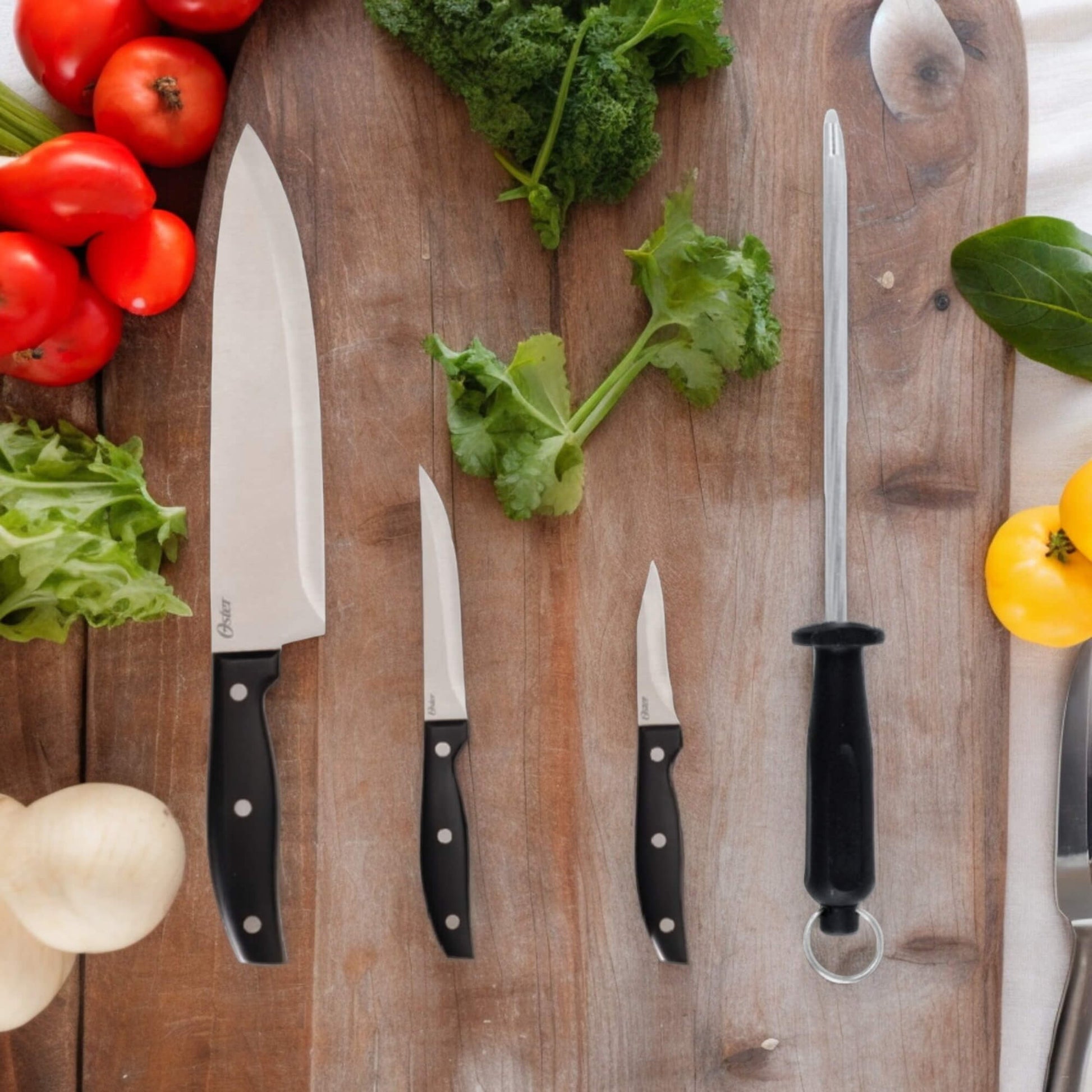 Set Cuchillos Acero Inoxidable y Afilador Granger 4pcs Oster1#Negro
