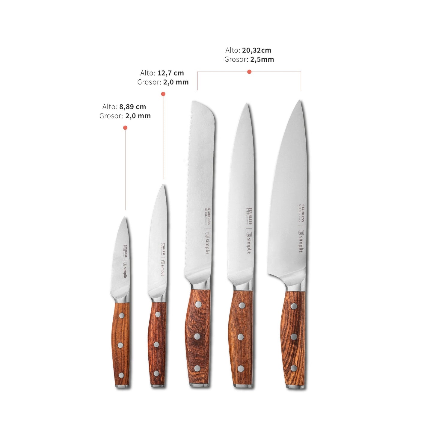 Set Cuchillos Holz 5 pcs Acero Inoxidable + Taco Simplit4#Marrón