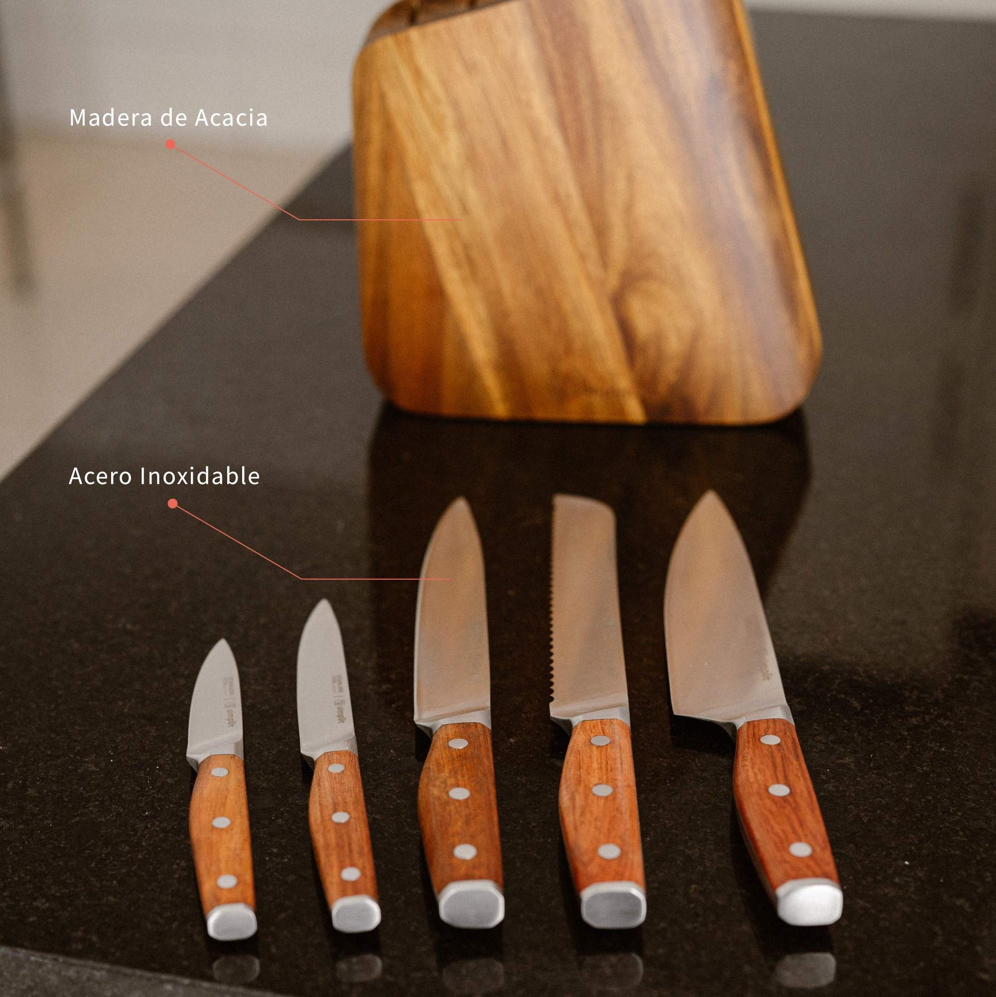 Set Cuchillos Holz 5 pcs Acero Inoxidable + Taco Simplit2#Marrón