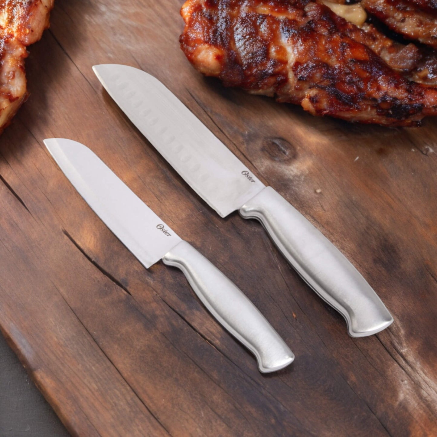 Set Cuchillos Santoku Acero Inoxidable Baldwyn 2 Pzs 13cm y 16cm Oster1#Plata