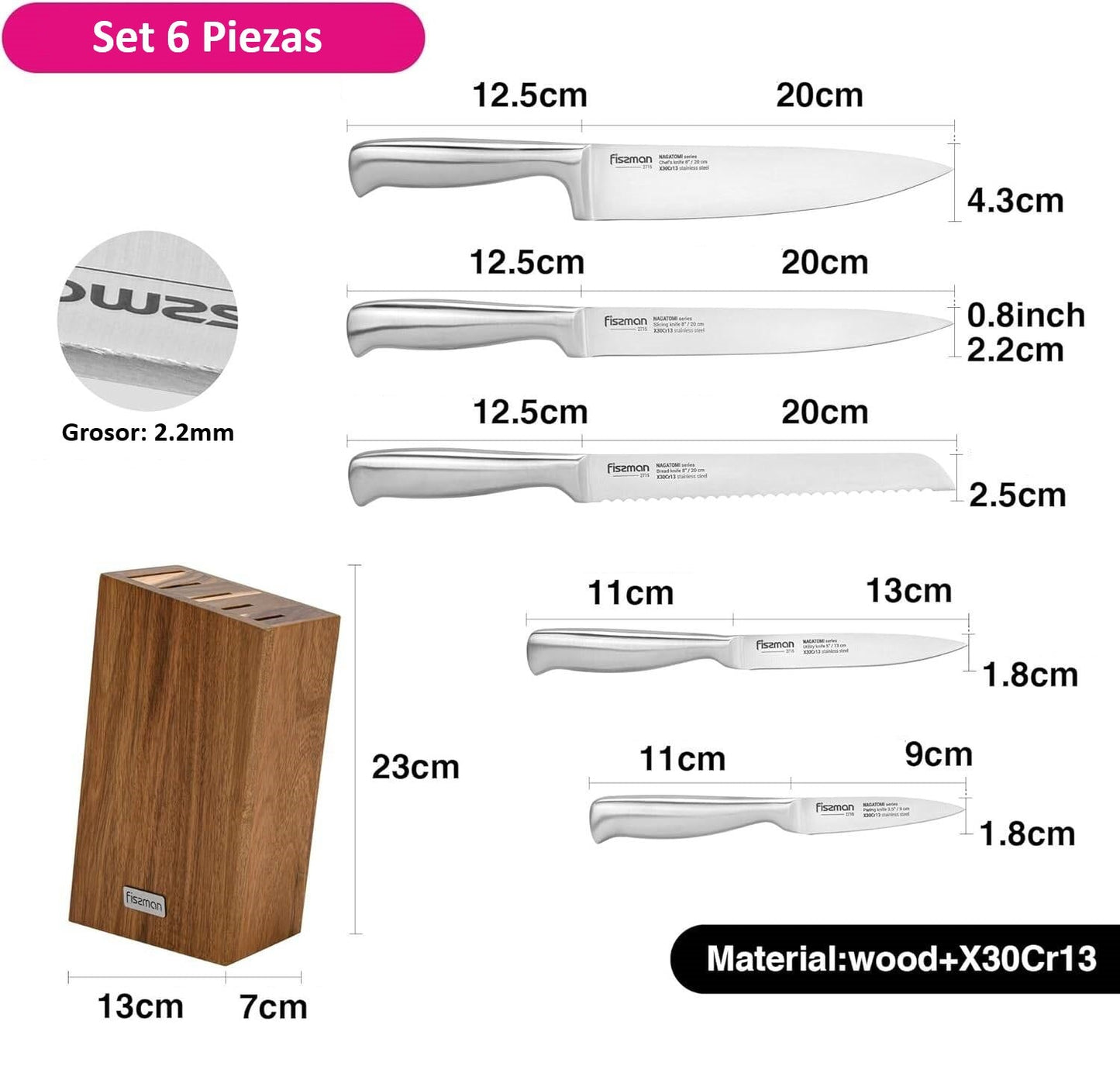 Set 5 Piezas Cuchillos Nagatomi + Base De Madera Fissman8#Acero