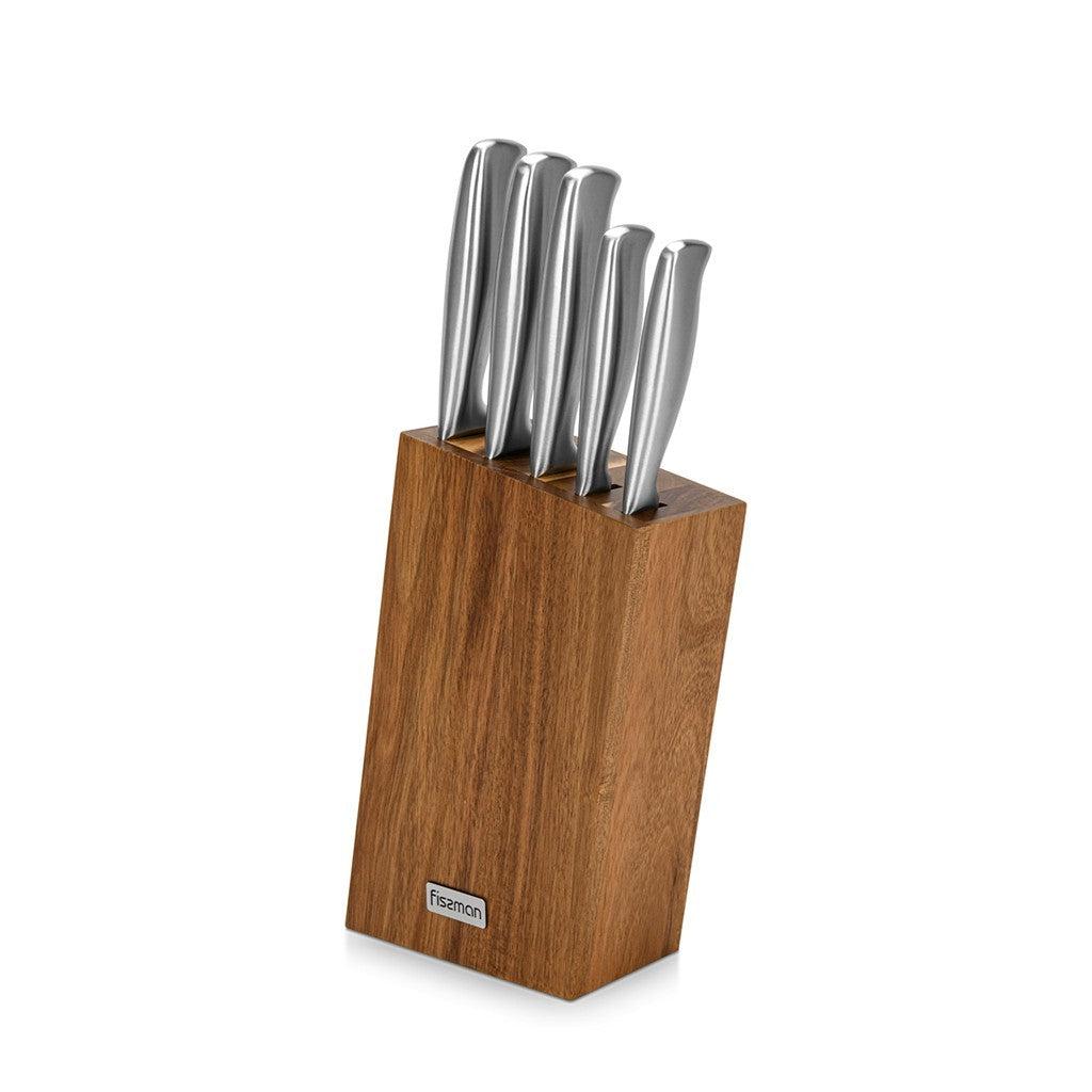Set 5 Piezas Cuchillos Nagatomi + Base De Madera Fissman1#Acero