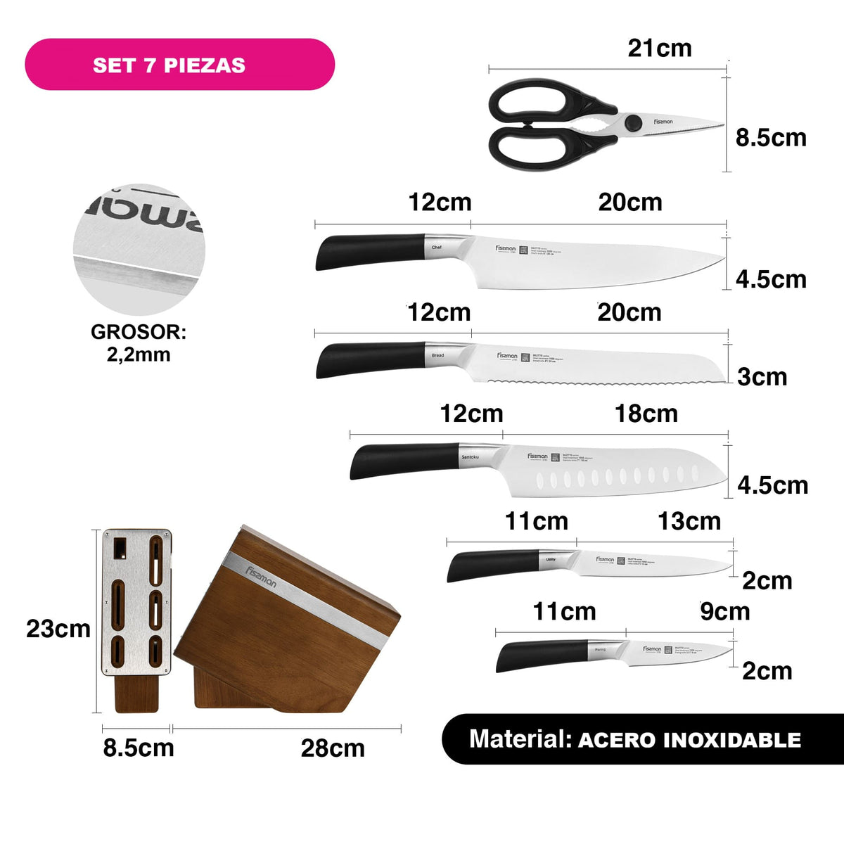 Set de 6 cuchillos Diletto + Tijeras y Base Madera Fissman-Cuchillos