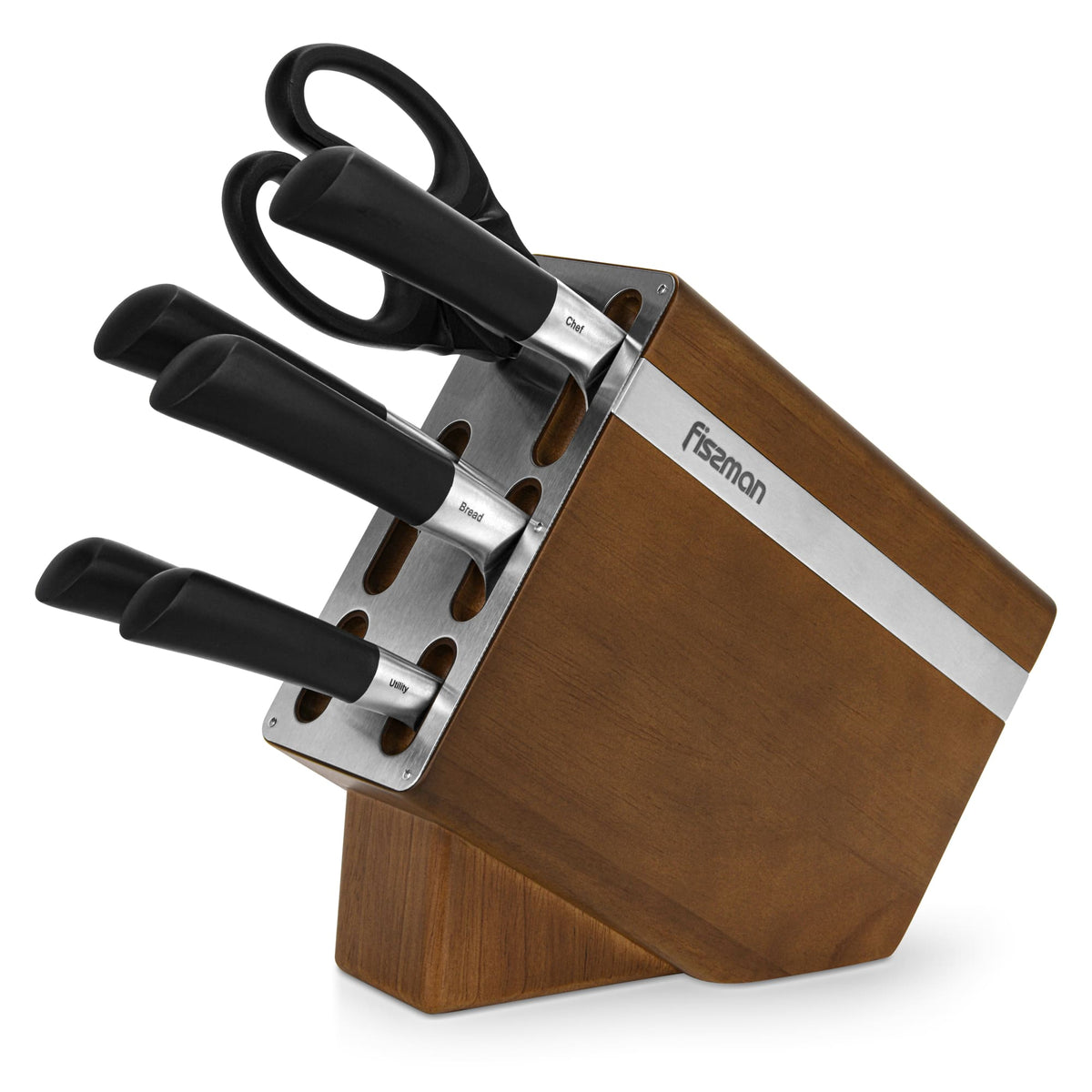 Set de 6 cuchillos Diletto + Tijeras y Base Madera Fissman-Cuchillos