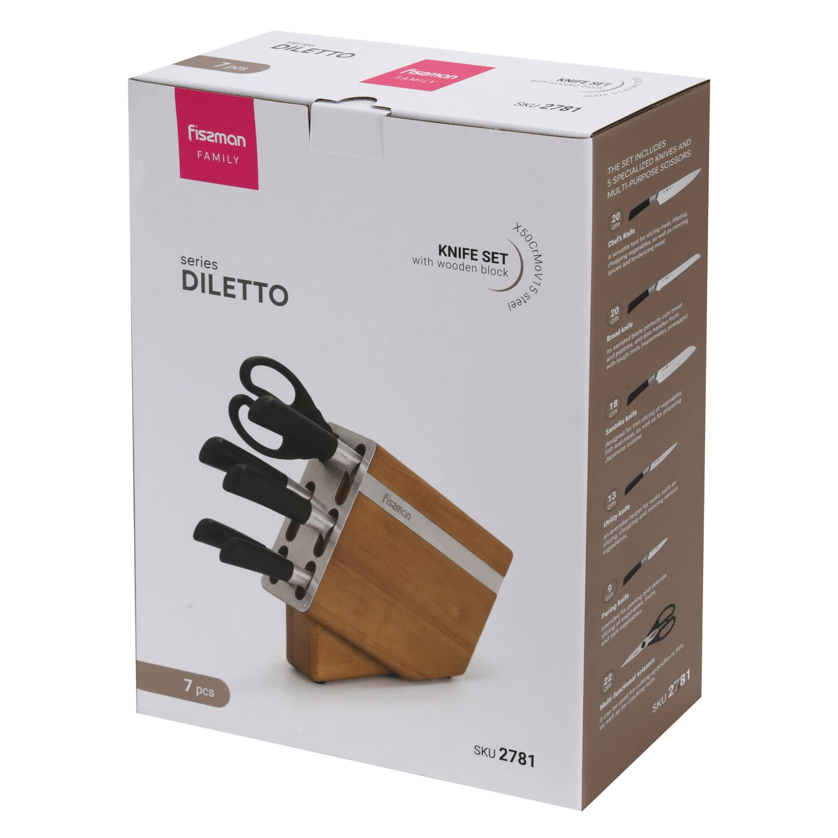 Set de 6 cuchillos Diletto + Tijeras y Base Madera Fissman-Cuchillos