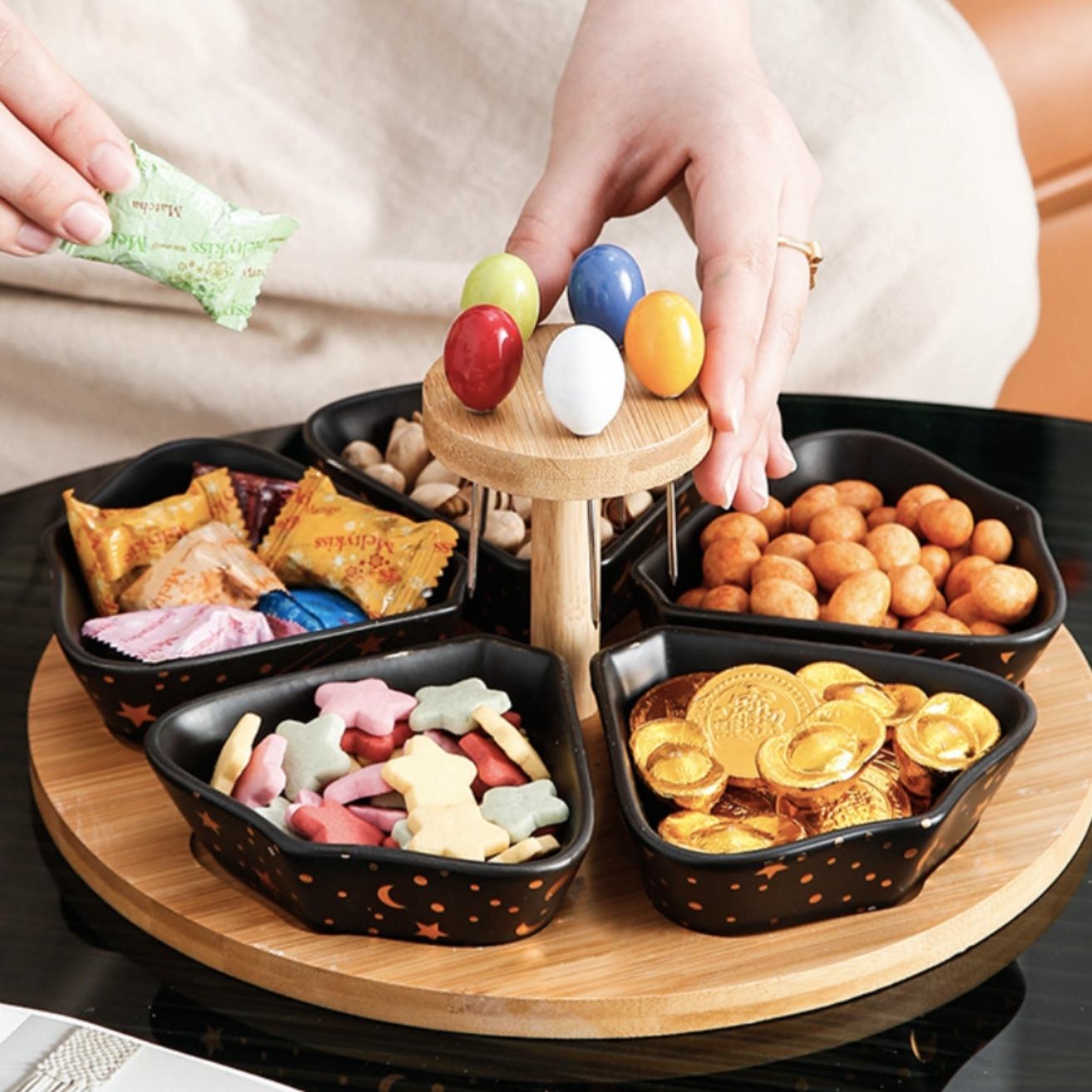 Set De Bandeja Para Aperitivos Con 5 Pocillos Santú Home & Deco4#Negro