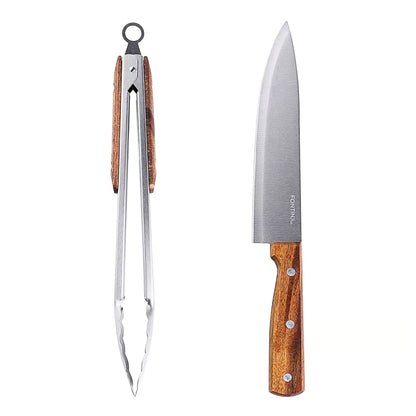 Set Parrillero Cuchillo & Tenazas Mango Madera Bohemik3#Marrón