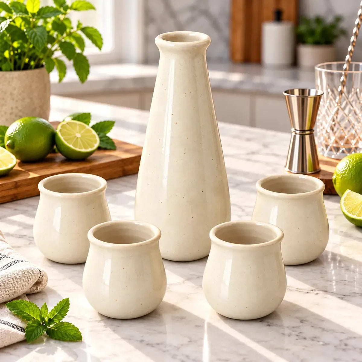 Set Pisco Sour Cerámica Gres con Jarro y 4 Vasos-Coctelería