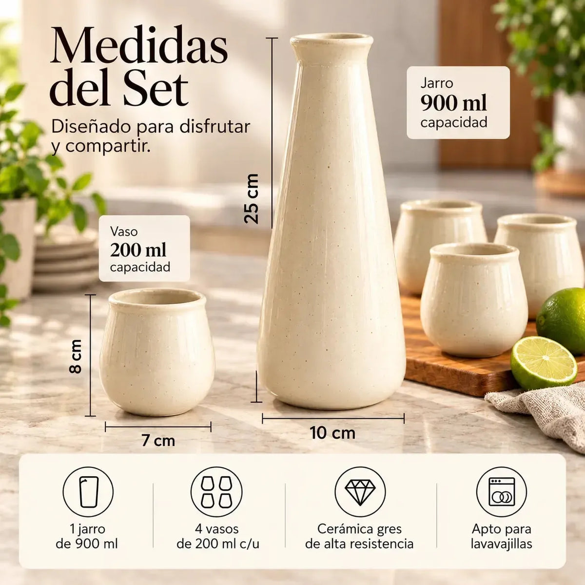Set Pisco Sour Cerámica Gres con Jarro y 4 Vasos-Coctelería