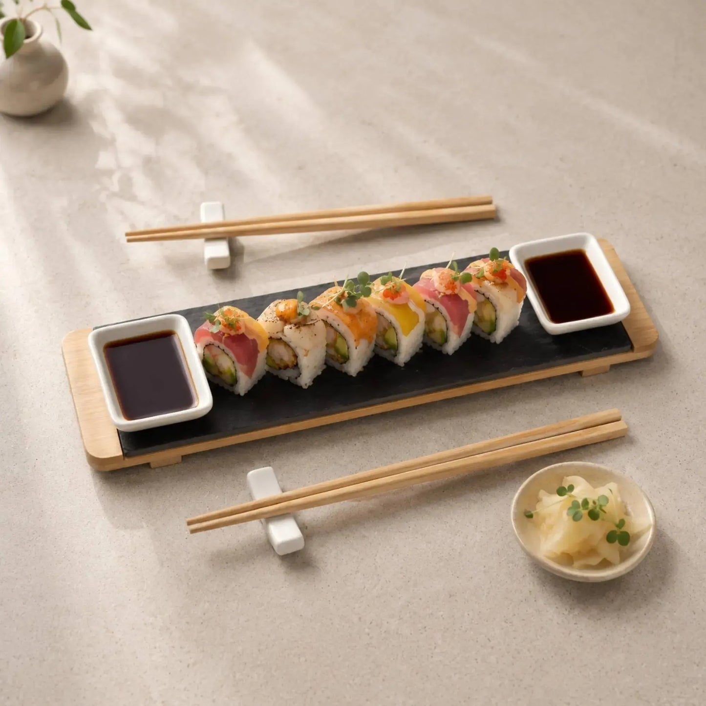 Set Sushi 2 Personas Tabla Bamboo y Palillos-Vajilla