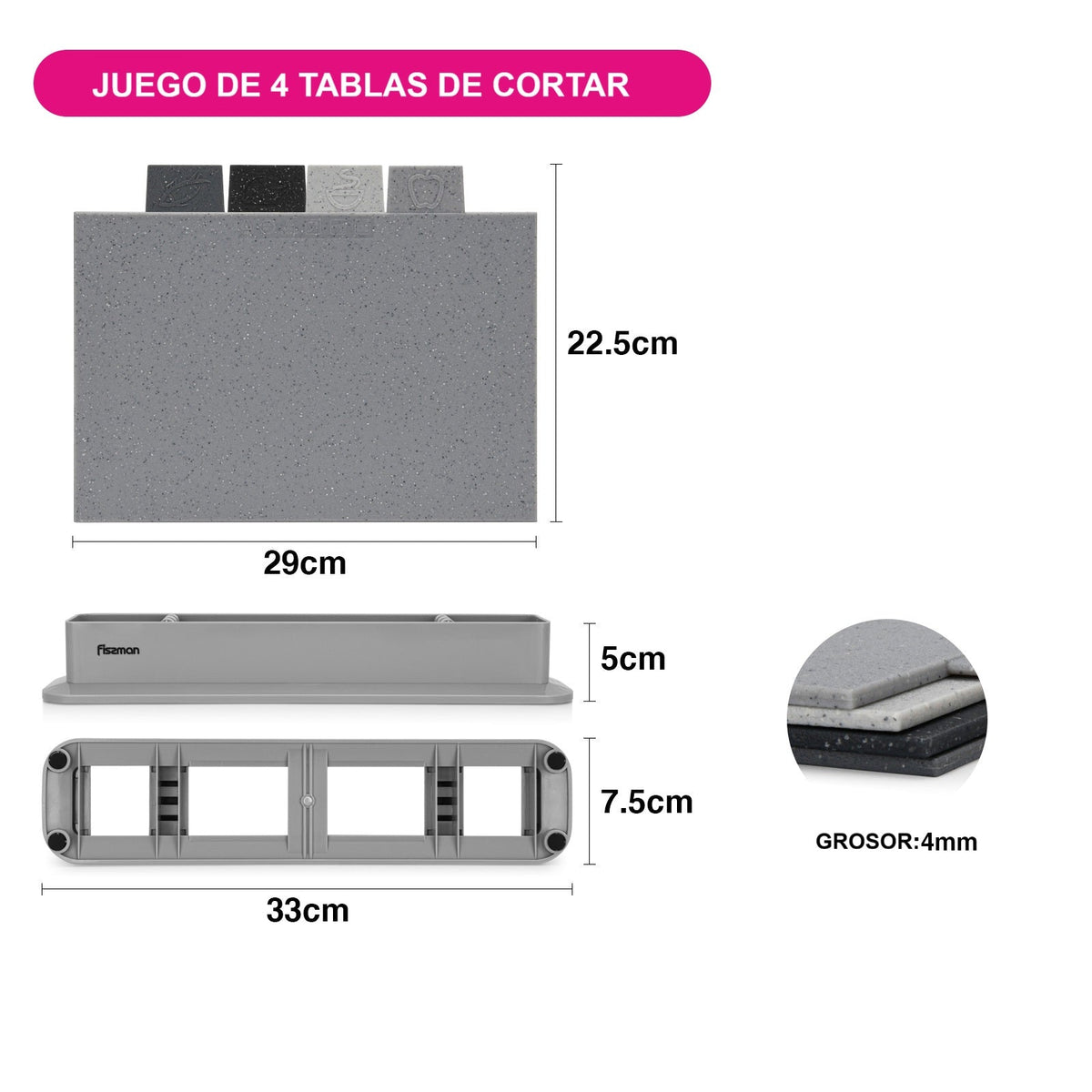 Set Tablas de Cortar 4 piezas + Base sujetadora 29x22.5 cm Fissman-Tablas