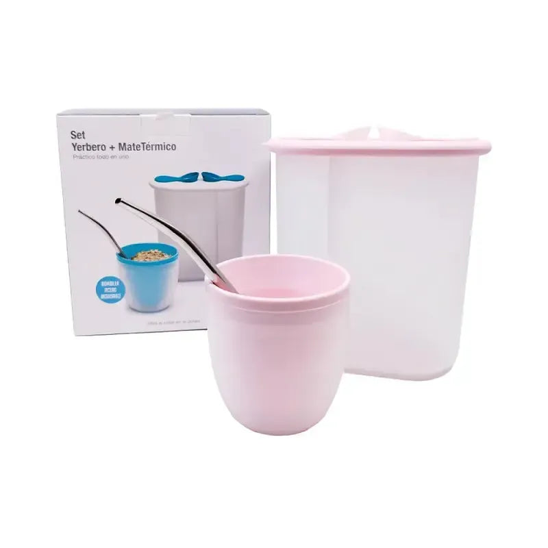 Set Yerbero Azucarero Oval Mas Mate Con Bombilla Bipo10#Rosa