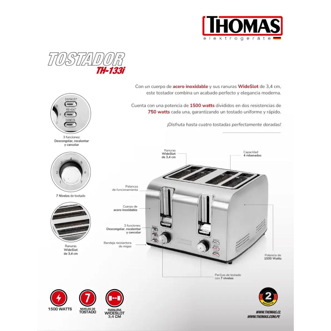 Tostador Eléctrico 4 Rebanadas TH-133i Thomas9#Metal