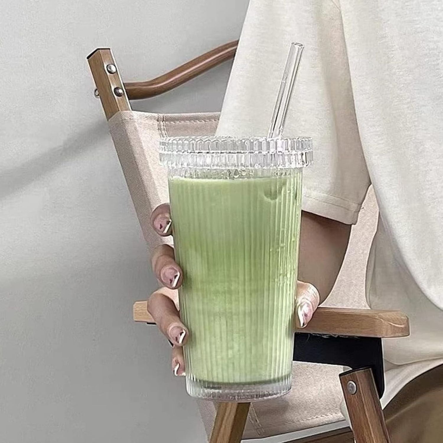 Vaso Vidrio Lineas Bombilla y Tapa 380ml Santú Home & Deco7#Blanco