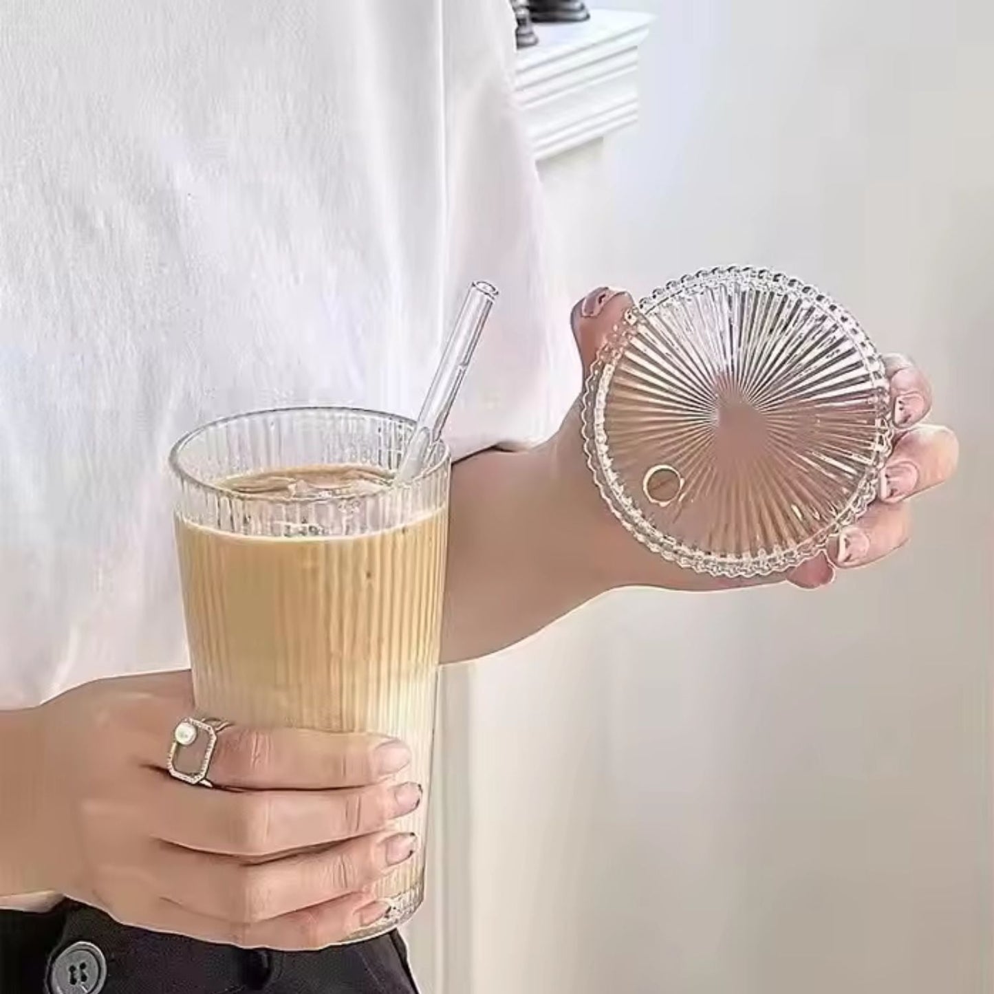 Vaso Vidrio Lineas Bombilla y Tapa 380ml Santú Home & Deco8#Blanco