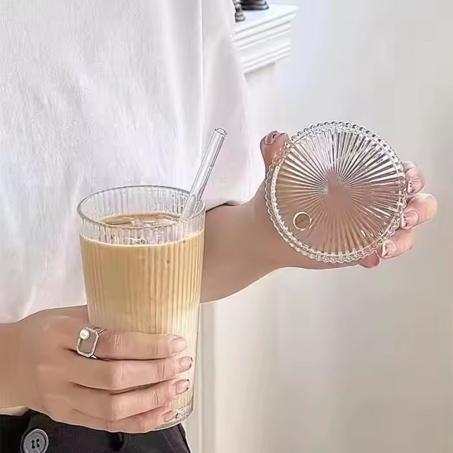 Vaso Vidrio Lineas Bombilla y Tapa 380ml Santú Home & Deco8#Blanco