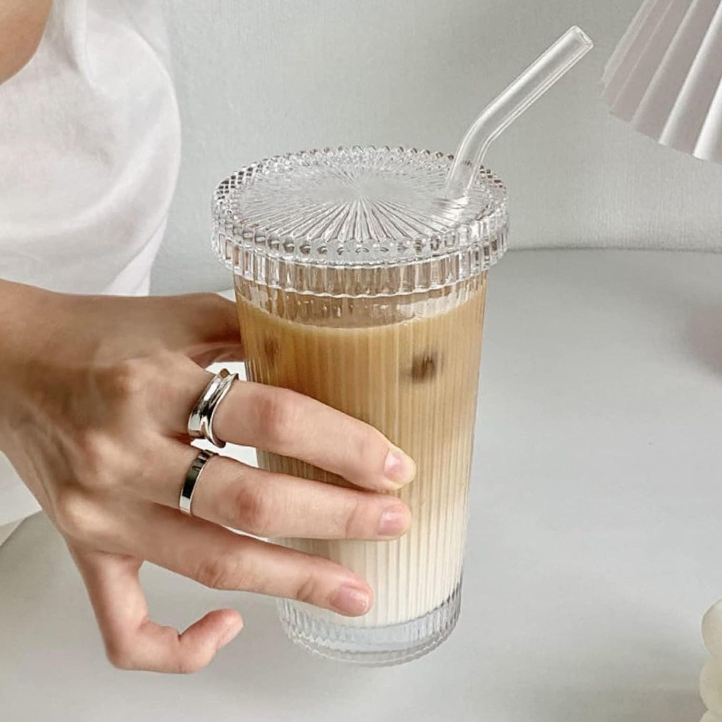 Vaso Vidrio Lineas Bombilla y Tapa 380ml Santú Home & Deco2#Blanco