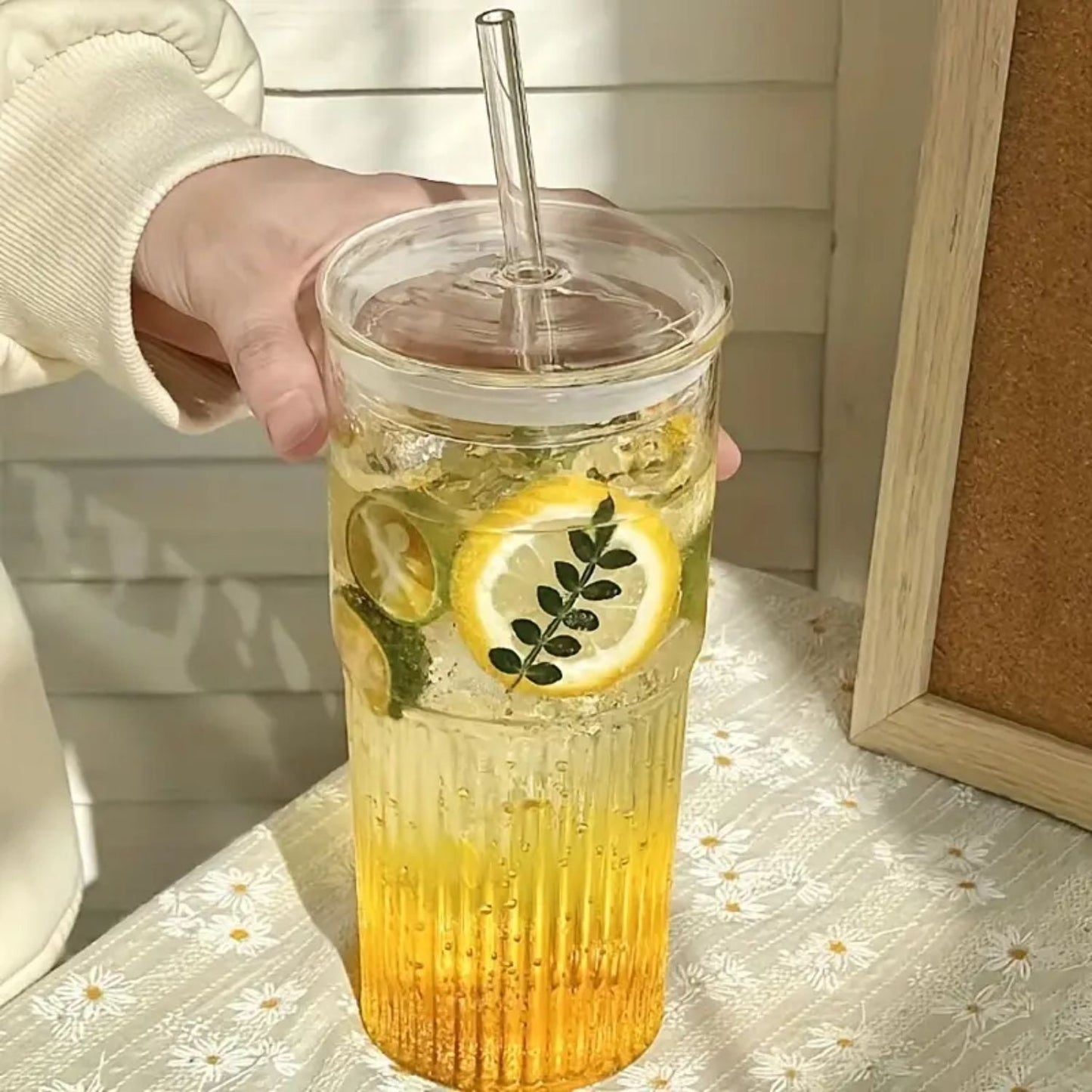 Vaso Vidrio Perlado Bombilla y Tapa 500ml Santú Home & Deco4#Blanco