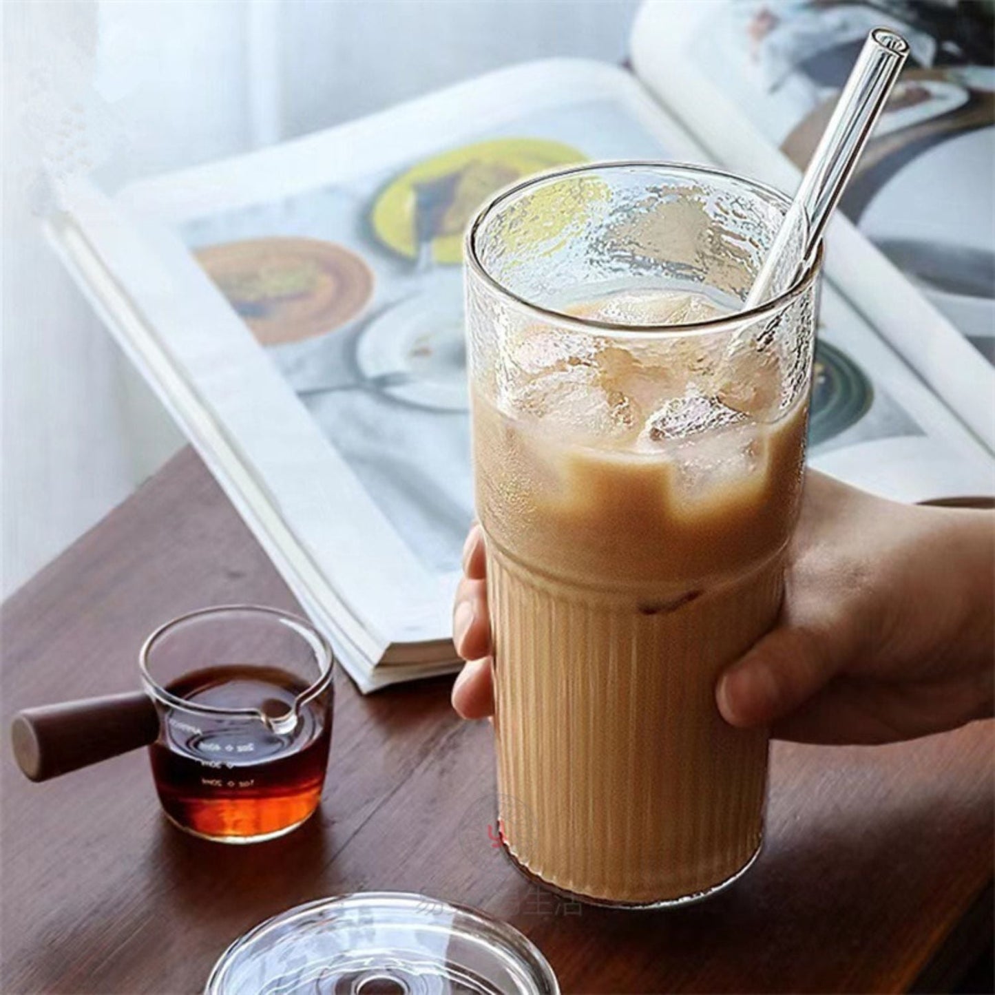 Vaso Vidrio Perlado Bombilla y Tapa 500ml Santú Home & Deco5#Blanco