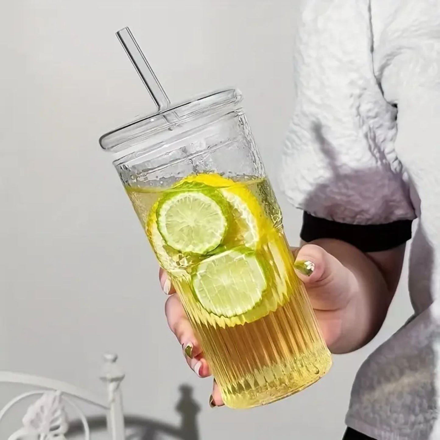 Vaso Vidrio Perlado Bombilla y Tapa 500ml Santú Home & Deco3#Blanco