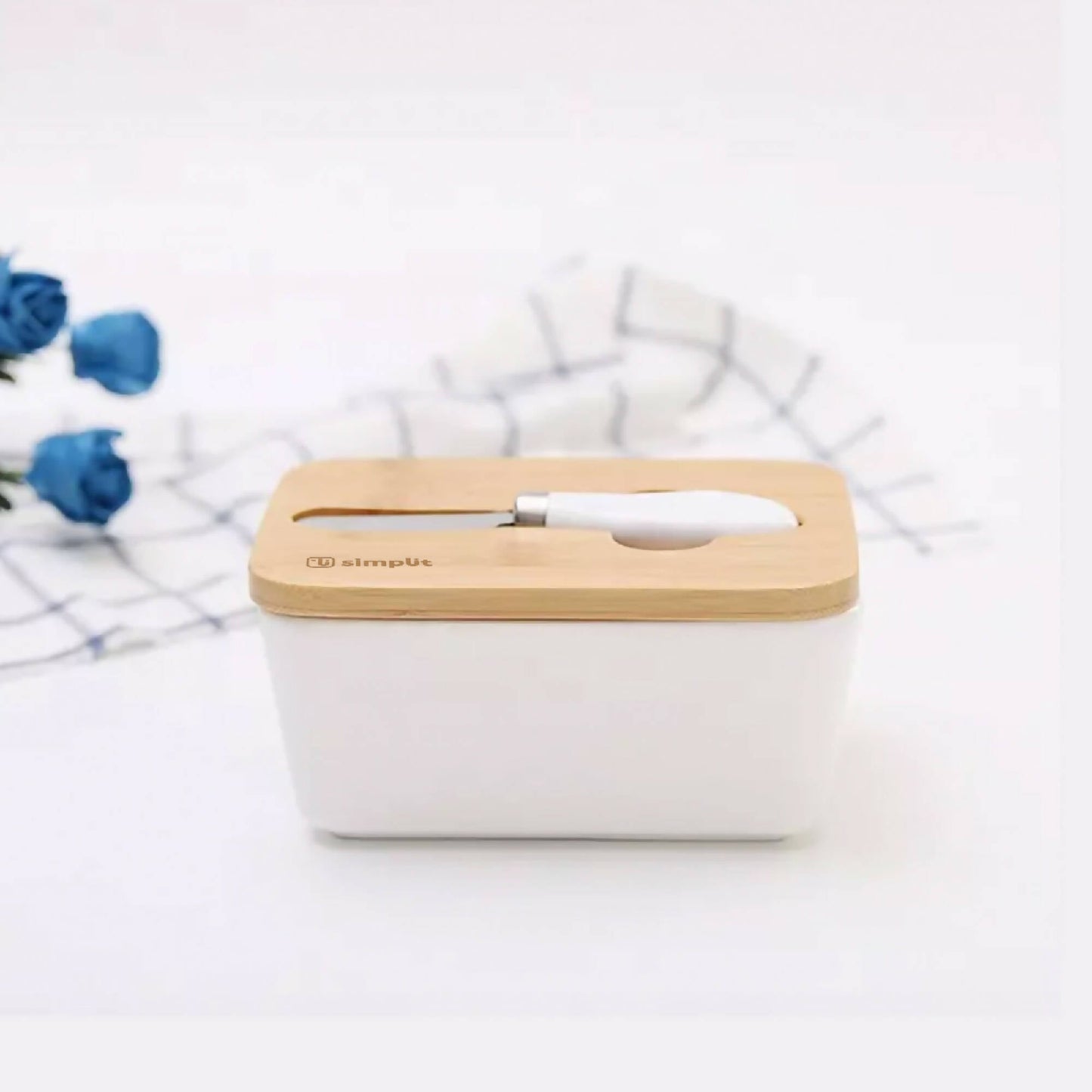 Mantequillero Cerámica Tapa Bamboo + Cuchillo 600 ml Simplit2#Blanco