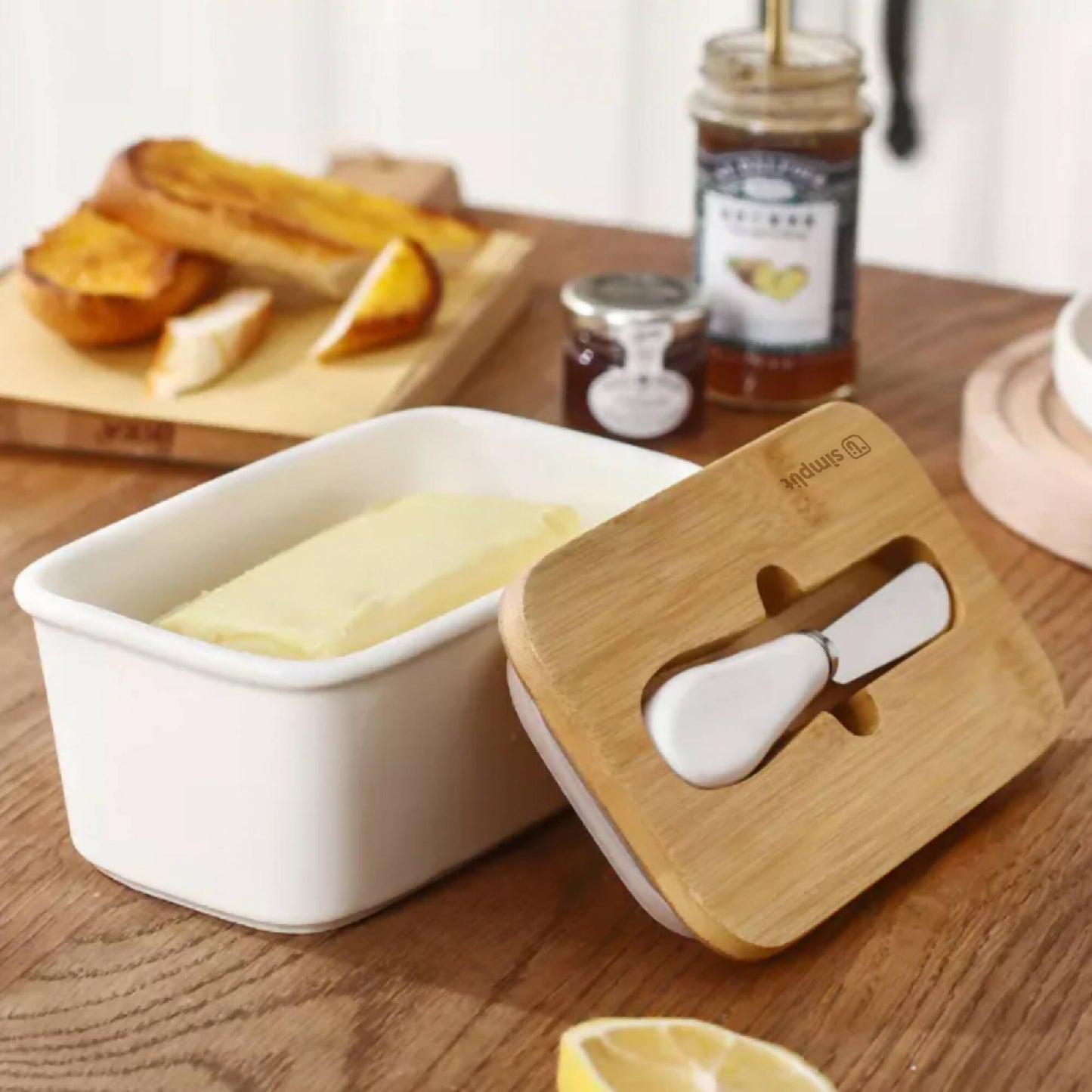 Mantequillero Cerámica Tapa Bamboo + Cuchillo 600 ml Simplit1#Blanco