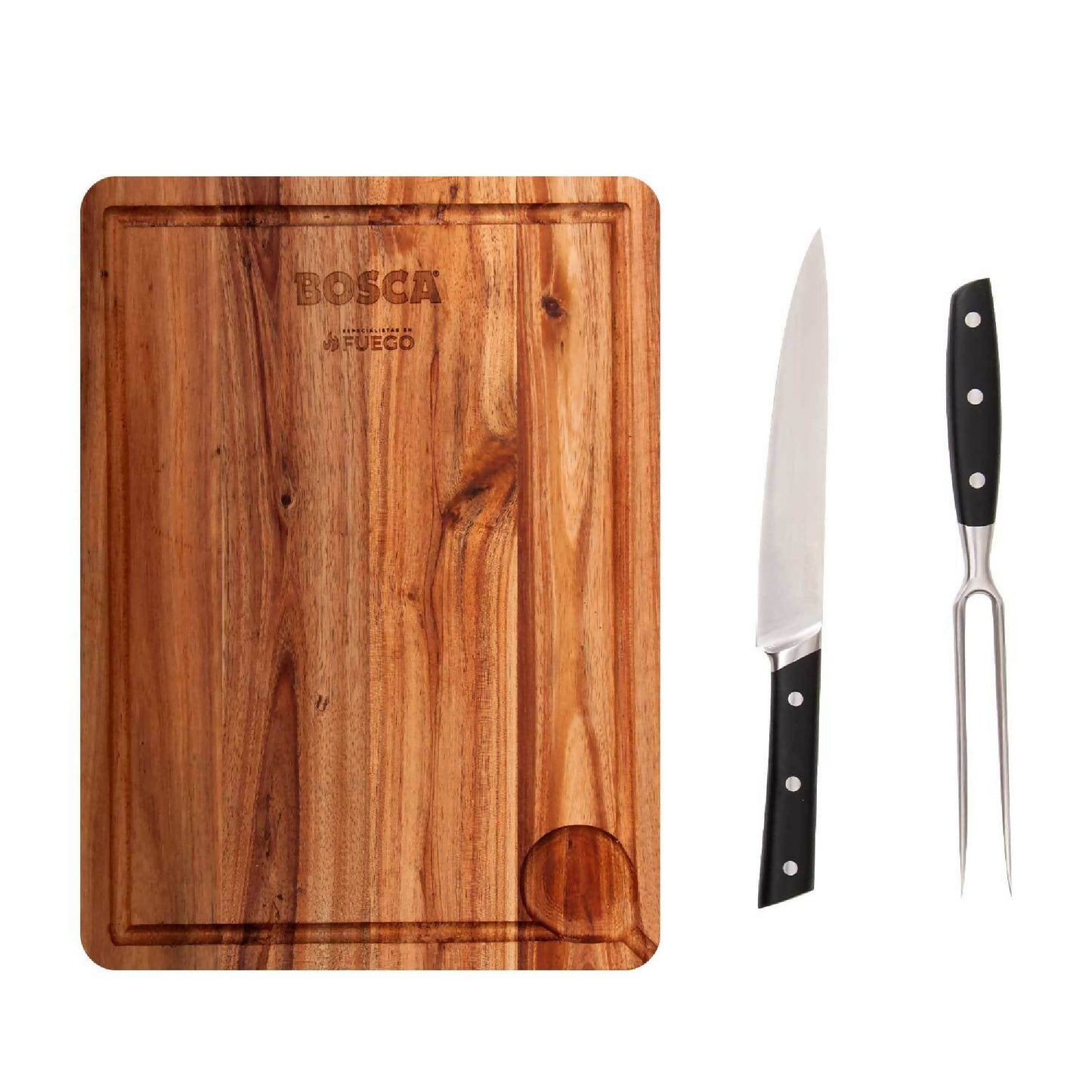 Tabla Parrillera + Cuchillo y Tenedor Bosca6#Madera