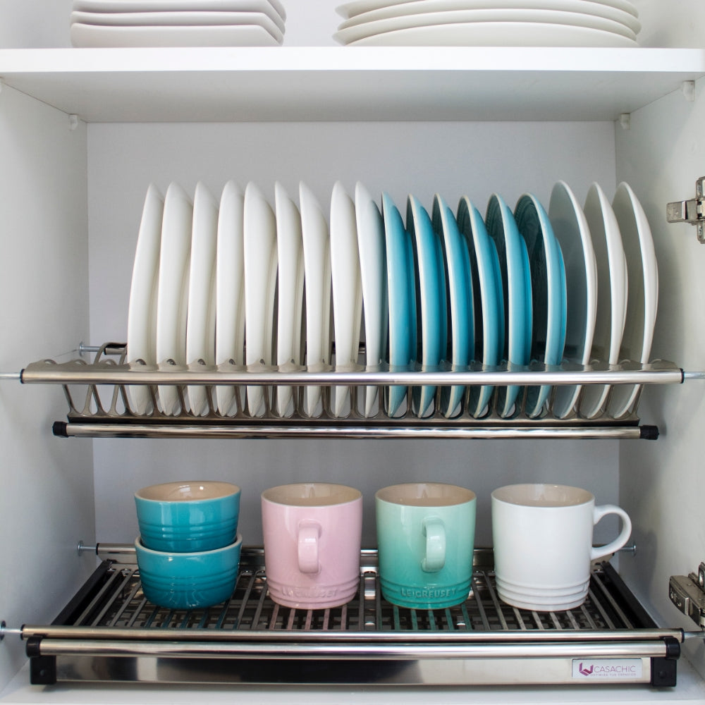  Escurridor de platos iSPECLE de 2 niveles con soporte para  vasos, bandeja escurridora y soporte para utensilios de cocina de gran  capacidad para ahorrar espacio. : Hogar y Cocina