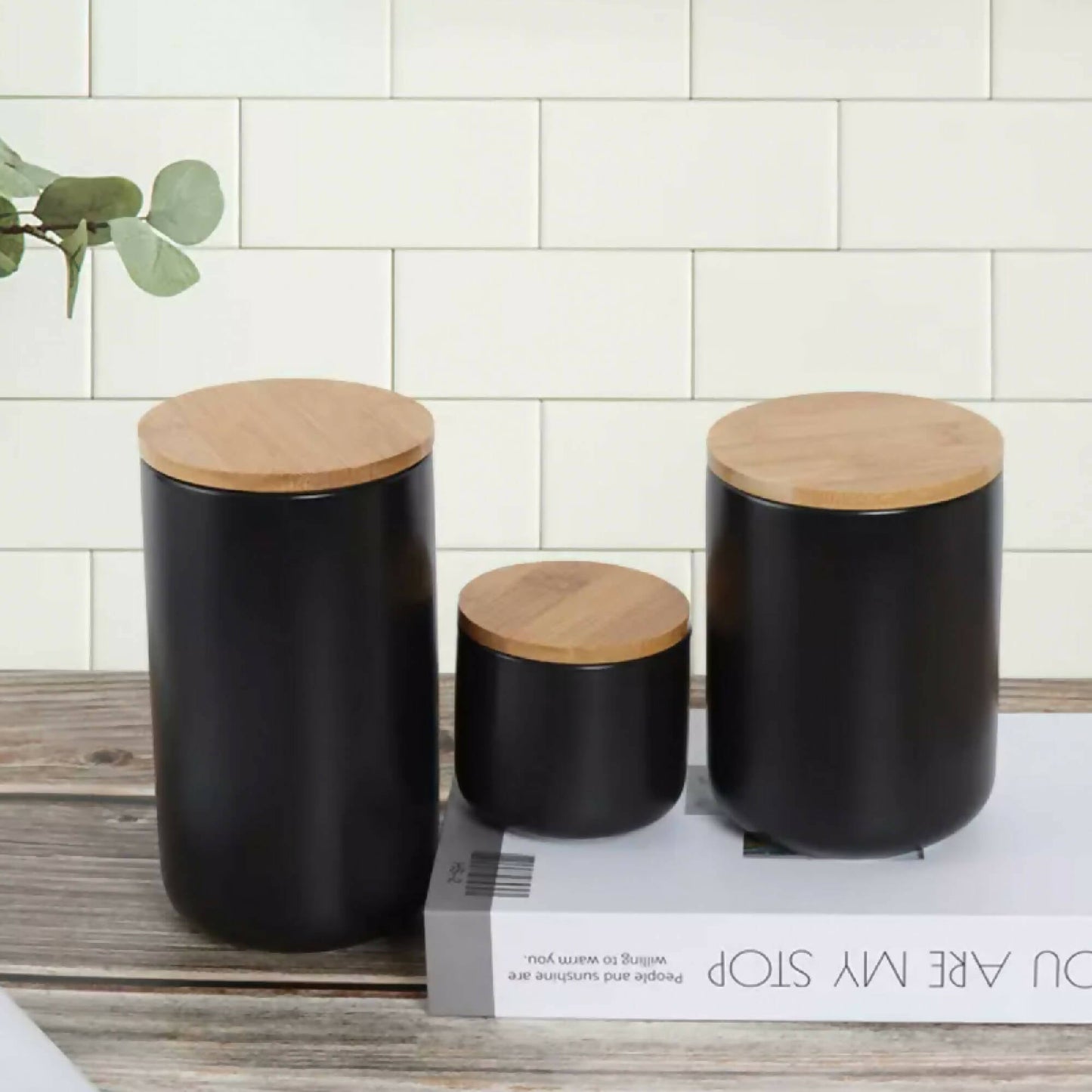 Contenedor Cerámica Hermético Tapa Madera L Simplit8#Negro