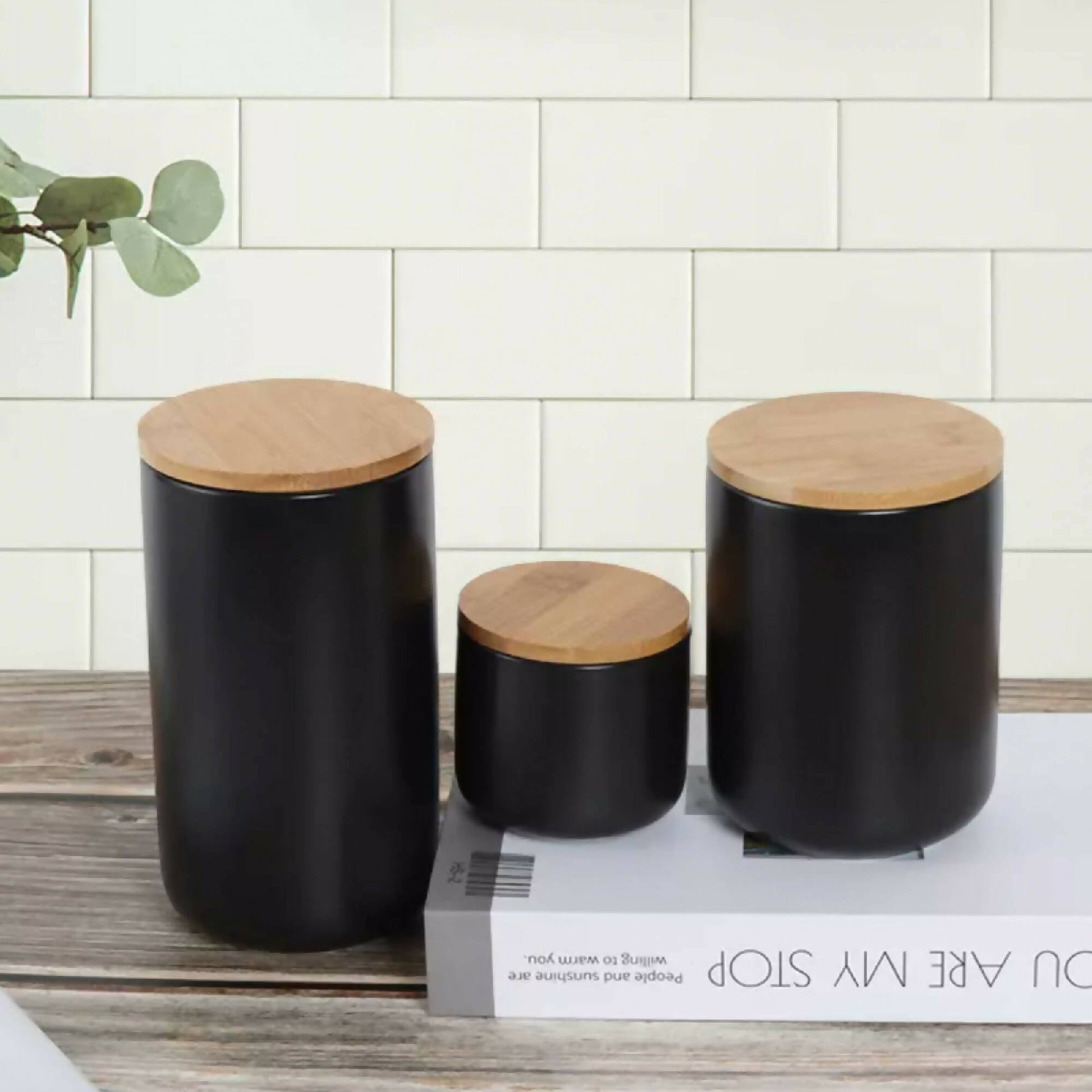 Contenedor Cerámica Hermético Tapa Madera L Simplit8#Negro