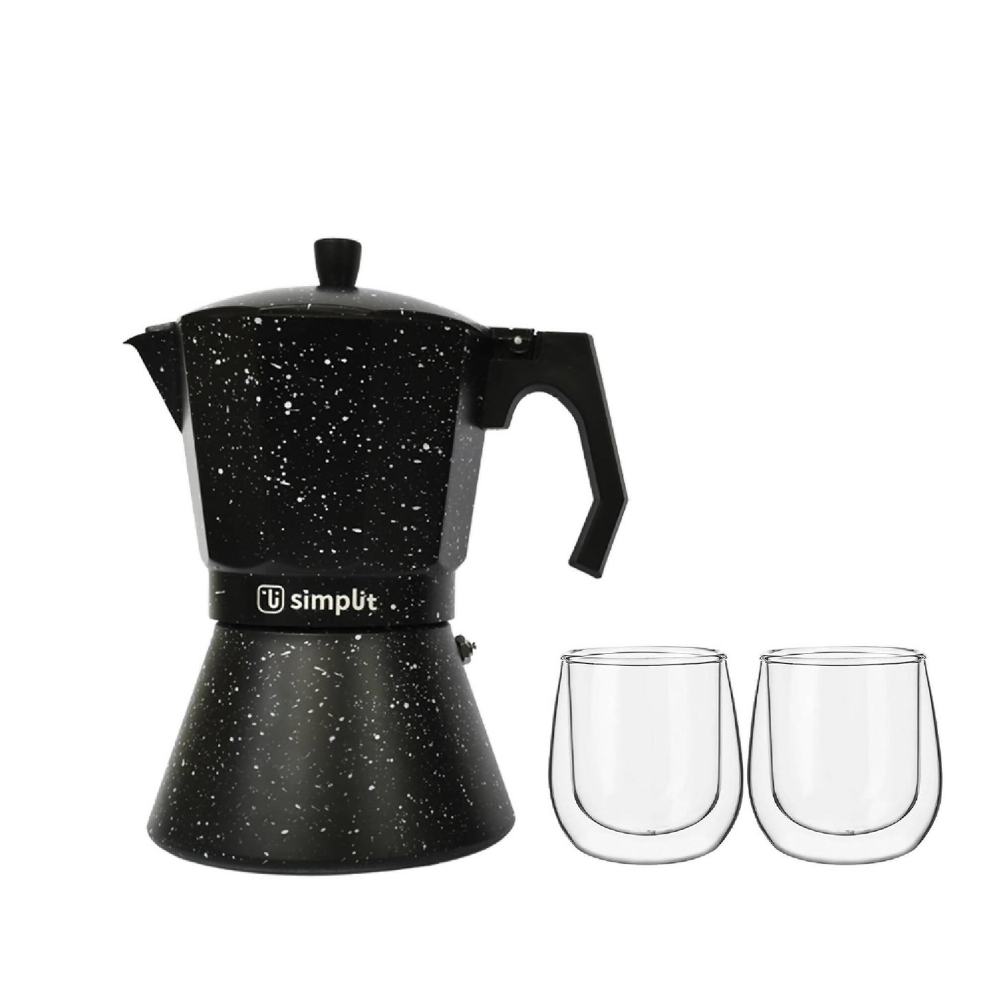 Pack Cafetera Italiana 4 Tazas + Set 2 Tazas Expreso 80 ml Simplit2#Negro