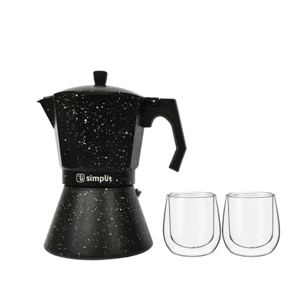 Pack Cafetera Italiana 4 Tazas + Set 2 Tazas Expreso 80 ml Simplit2#Negro