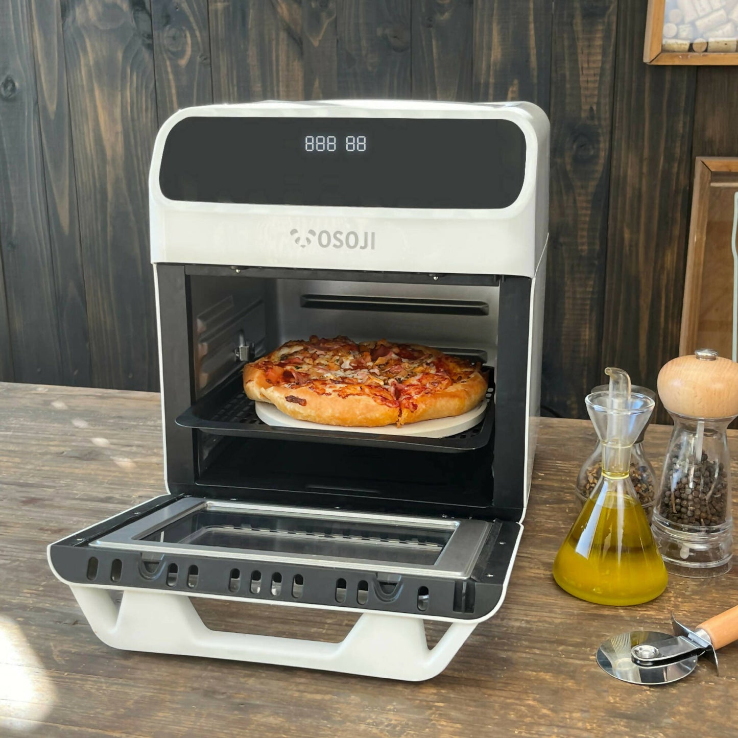 Freidora De Aire Y Horno De Pizza 12 Lts + Piedra Y Cortador Pizza  Osoji3#Blanco