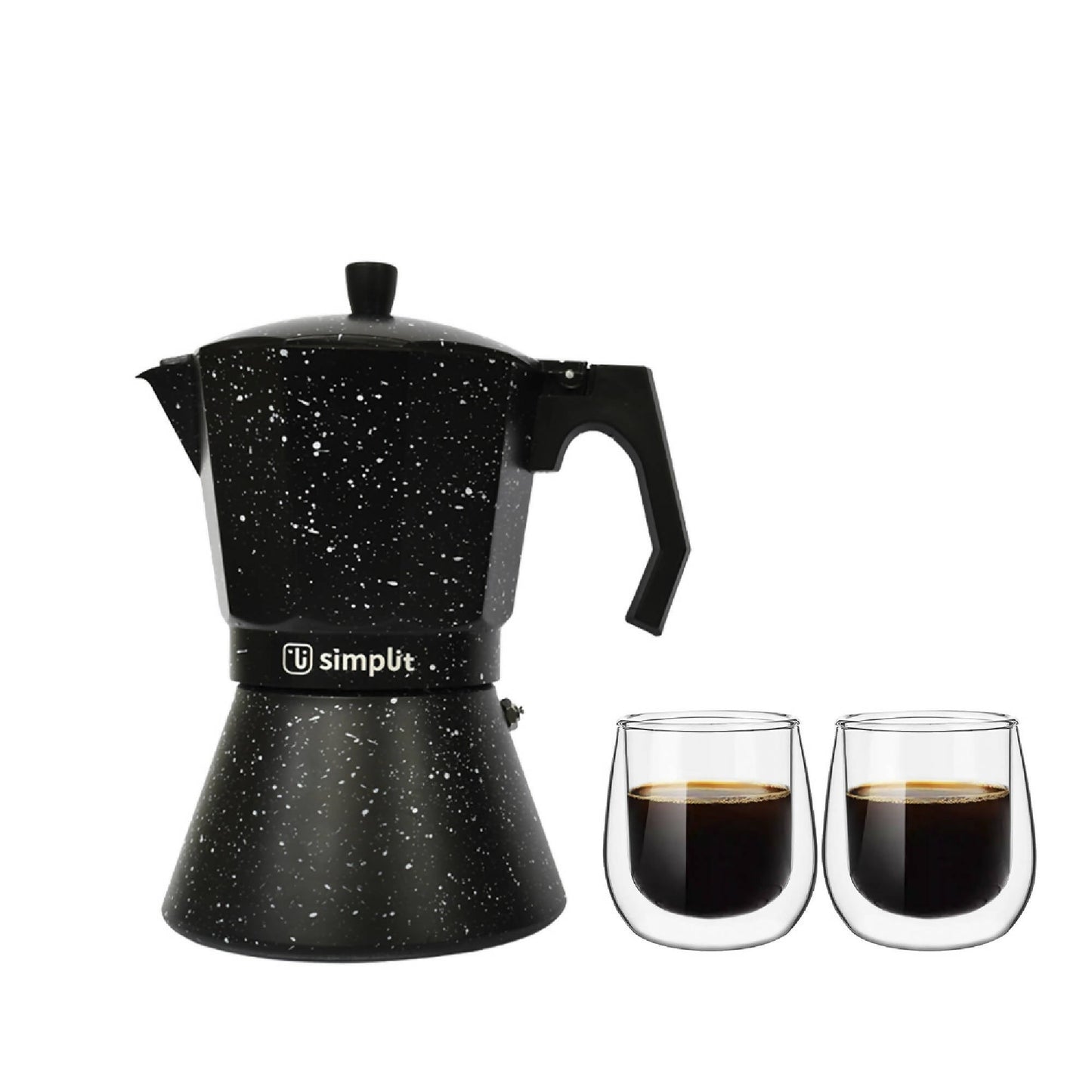 Pack Cafetera Italiana 4 Tazas + Set 2 Tazas Expreso 80 ml Simplit1#Negro
