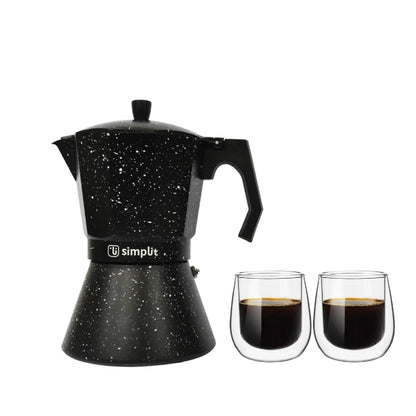 Pack Cafetera Italiana 4 Tazas + Set 2 Tazas Expreso 80 ml Simplit1#Negro