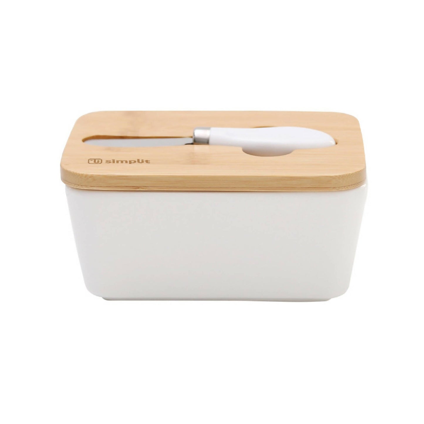 Mantequillero Cerámica Tapa Bamboo + Cuchillo 600 ml Simplit5#Blanco