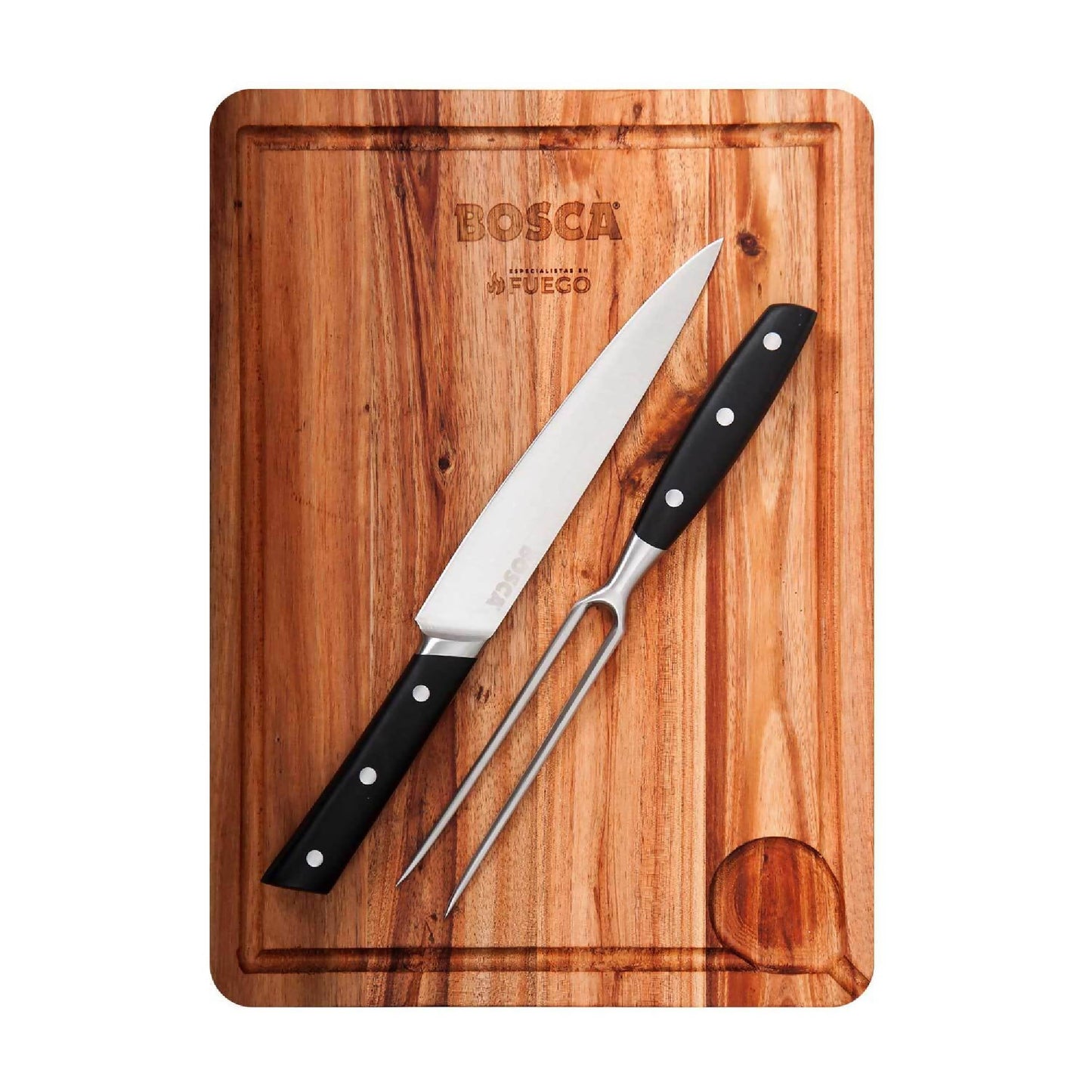 Tabla Parrillera + Cuchillo y Tenedor Bosca5#Madera