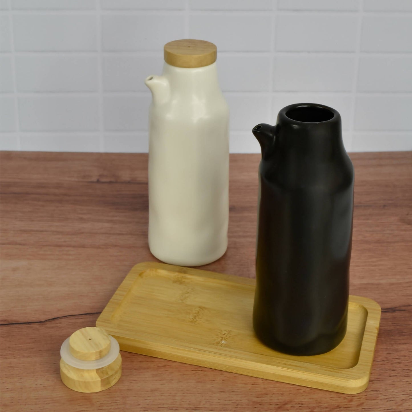 Set Alcuza Cerámica 2 Piezas Redonda 500 ml Simplit4#Blanco-Negro