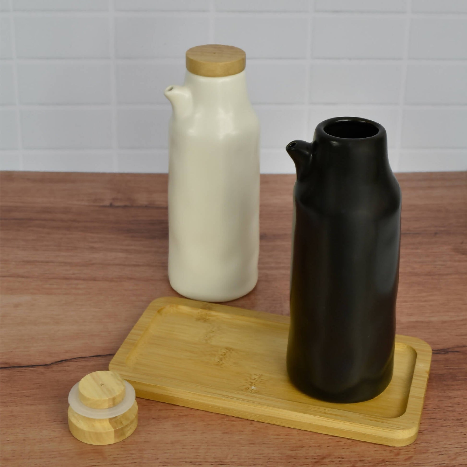 Set Alcuza Cerámica 2 Piezas Redonda 500 ml Simplit4#Blanco-Negro