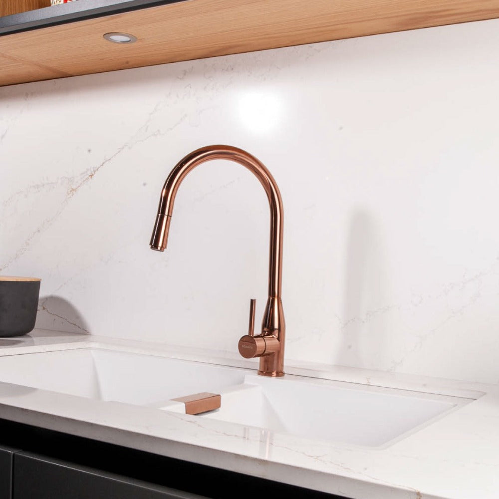 Kit Grifería Kavus + Accesorios Cobre Lavaplatos Doble Schock 2#Cobre