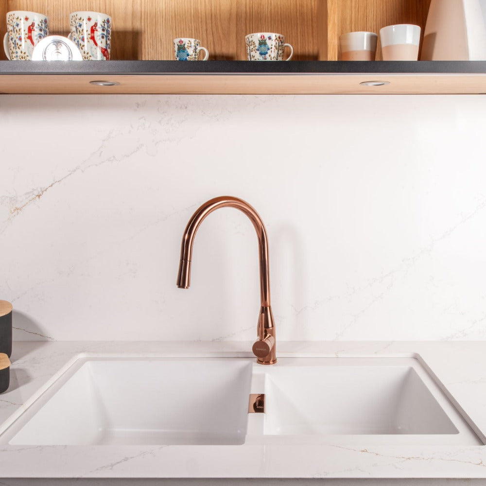 Kit Grifería Kavus + Accesorios Cobre Lavaplatos Doble Schock 3#Cobre