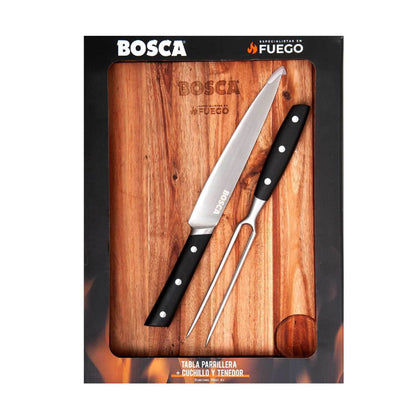 Tabla Parrillera + Cuchillo y Tenedor Bosca7#Madera